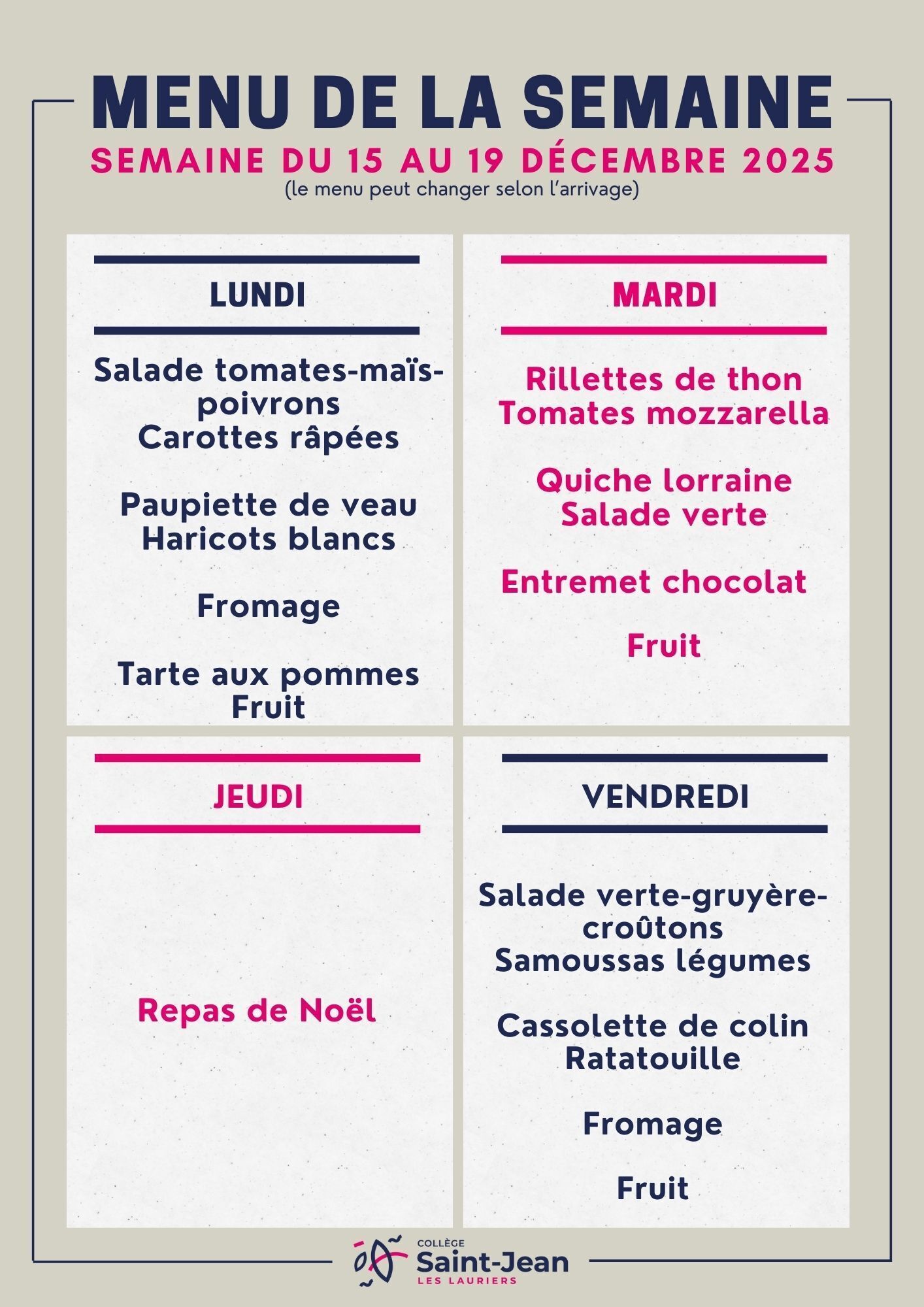 MENU DE LA SEMAINE du 15 au 19 décembre 2025